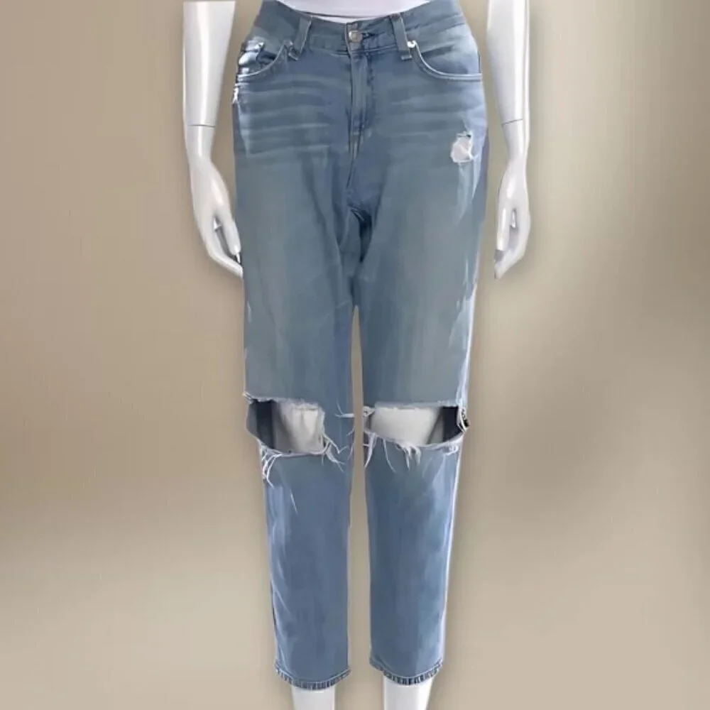 Rag & Bone Straight Leg Jeans Low Rise Cropped Distressed Blue Light Wash W 26